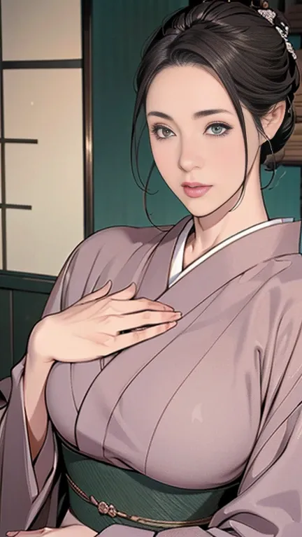 1，Japanese hairstyle，Photorealism，detailed，masterpiece，mature，((full))， (Broad shoulders), ((Huge))，Plus size mature women，expensive，30 years old，Pretty face, (Plump woman)，Beautiful long-sleeved kimono，kimono，Hold your chest with both hands:1，high quality...