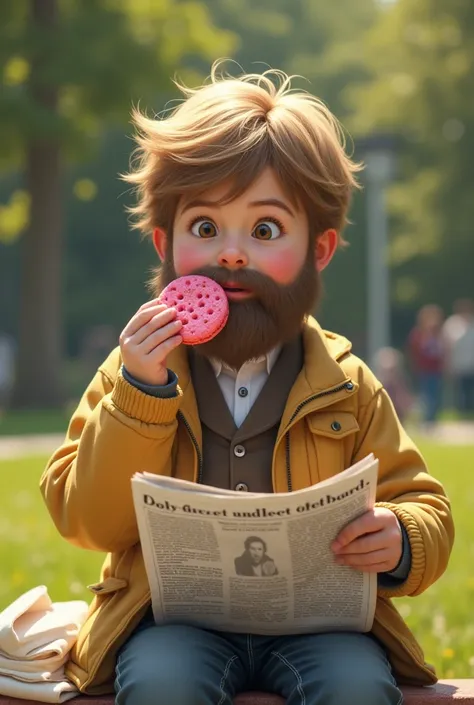 in a sunny park, A  is eating a pink cookie. El niño de 6 u 8 años tiene barba and está vestido con ropa de adulto. Although the child is a little towards the back of the scene, His figure stands out clearly. He holds a newspaper in one hand while enjoying...