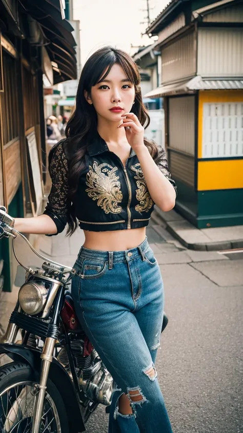 1950s, cafe racer, Japanese woman, riders wear, beautiful face, torn pants, very intricate details, metallic paint, single road in wilderness, realistic photo, taken with Fuji film X-T30+Nokton. HDR10