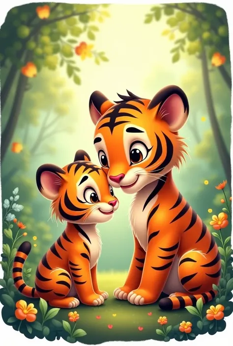 Cub tiger with his mother,cartoon sticker

