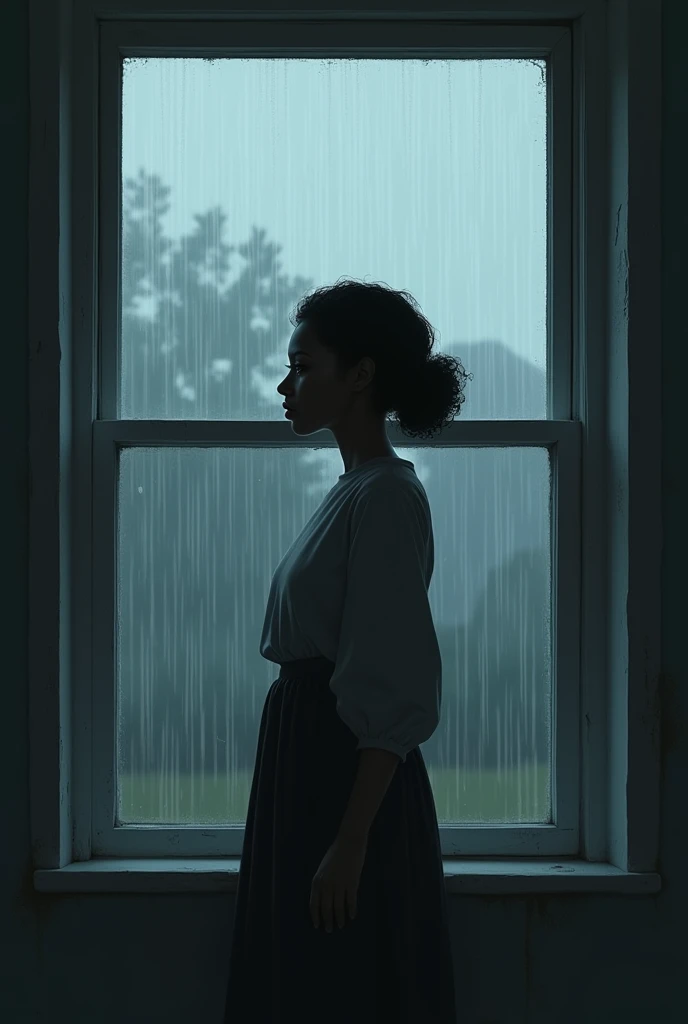 Create an image of a sad black woman standing in front of a window looking at the rain.