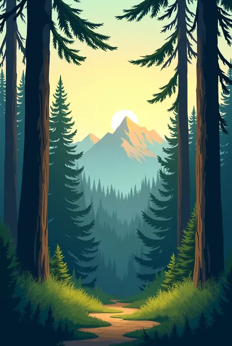 A beautiful place of nature, with Douglas fir trees and mountains, sunrays fromsunset, Artstyle like altos adventure, Among trees game. Among trees, FJRD amongtrees game.