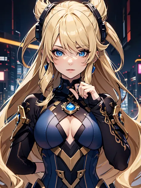 Navia from Genshin impact, 1woman, wearing a futuristic cyberpunk outfit, at future city, blonde colour hair style, 8k, high detailed, high quality