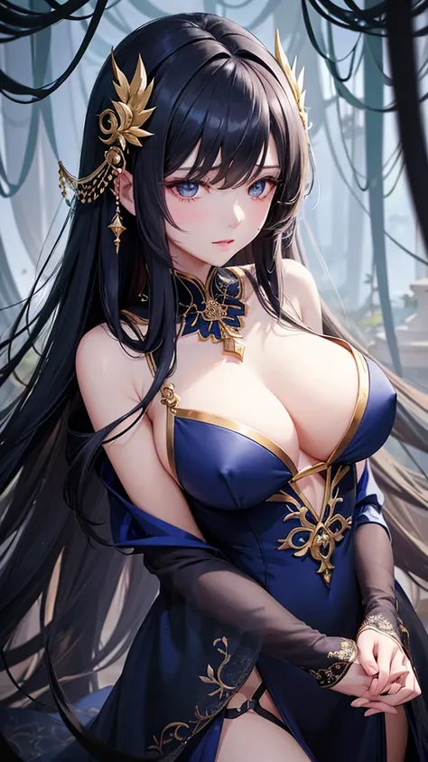 "Create a digital anime style illustration of a beautiful goddess of the night。, Long, lightly wavy black hair. She is wearing a dark blue dress decorated with small jewels...., Perfect for a fantasy theme. The dress has a beautiful, flowing design.、Show o...