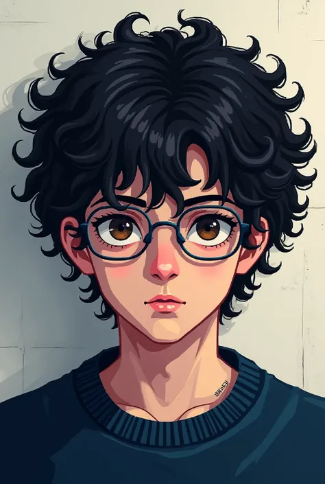 Strong emo pixel art man with very curly black hair, with glasses, navy blue sweater, eyes browns, with a serious face, with a small tattoo on his neck 