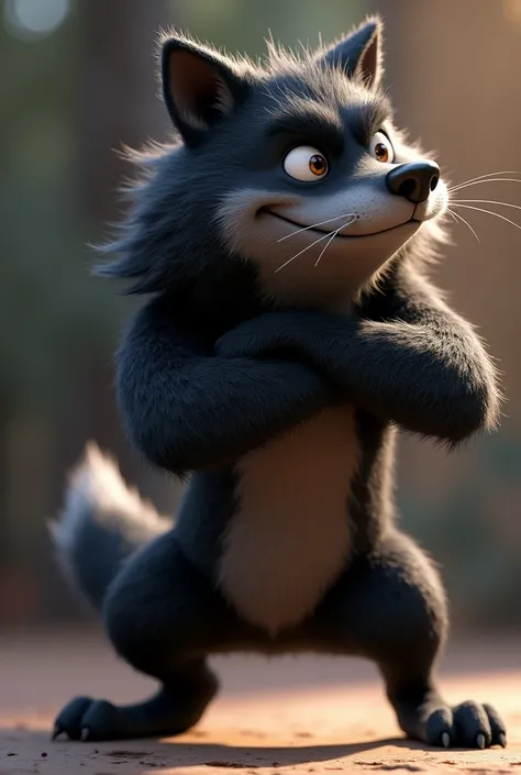 pixar style, sideview of a 3D cute but revengeful mischief black furry wolf with grey snout and belly, with realistic black fur, 3D illustration, captured in a highly exaggerated cartoonish pose, blowing air from mouth with full force. The wolfs cheeks are...