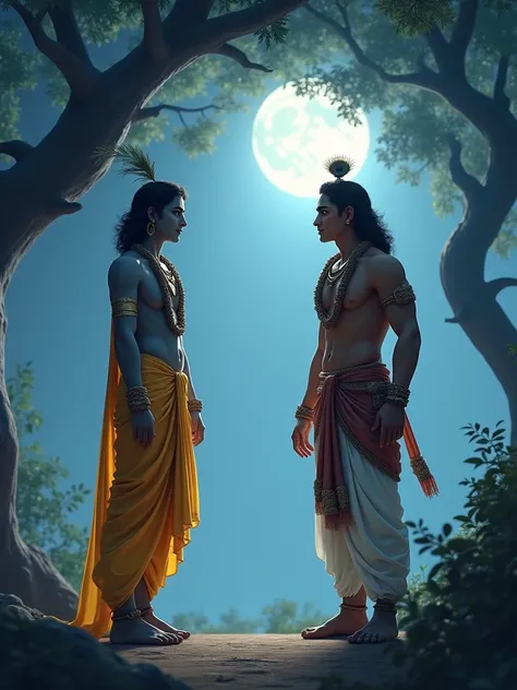 An image of Krishna, in his human form, approaching Karna who is sitting under a banyan tree. Krishna is wearing his traditional yellow dhoti and peacock-feathered crown, with a gentle smile on his face. His aura is serene and divine, radiating a soft ligh...