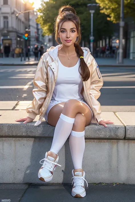 A beautiful European woman with BROWN hair, ponytail in a realistic acrylic art style, little smile, wearing 80´s summer dress, denin jacket, glossy tan tights, white legwarmers, and white high top sneakers, sitting on flowery florest scenario, cold mornin...