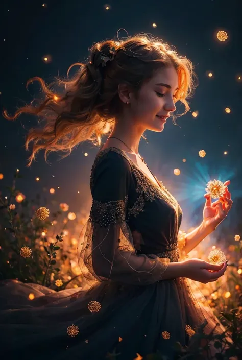 A beautiful smiling cute girl sitting  on the sunset floral illusion environment, wearing star light floral dress and a floral star crown in her head, holding a star light golden flower basket in her hand, dramatic illusion of light in the nature, stars fa...