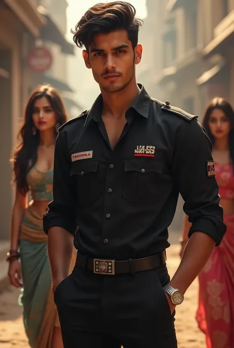 "Handsome  boy  in a black shirt with Jass written as a sticker, black pants, and wearing a diamond watch. He should look like an officer or businessman. Two Punjabi girls in the background looking at him. The scene should have a touch of Punjabi culture."