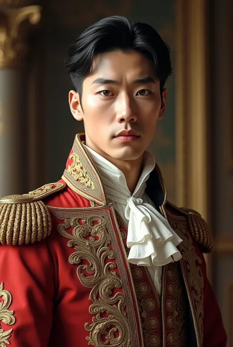 handsome korean man in englands prince outfit. monolid and sleepy eyes. hazel colored eyes. square and a bit round face shape with two blocks hair cut. whole body