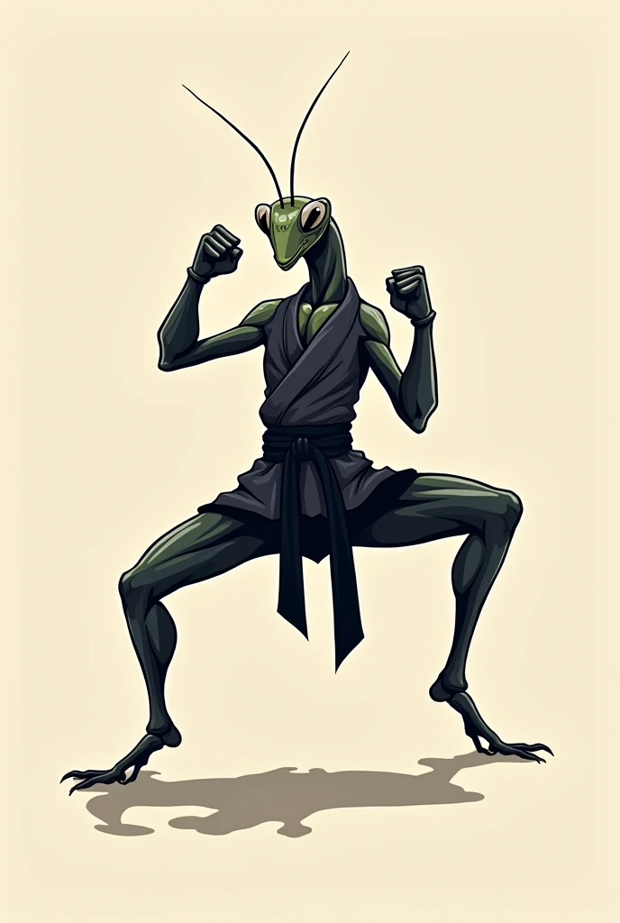 create a logo without a background of a praying mantis in front with a black belt Hapkido kimono 