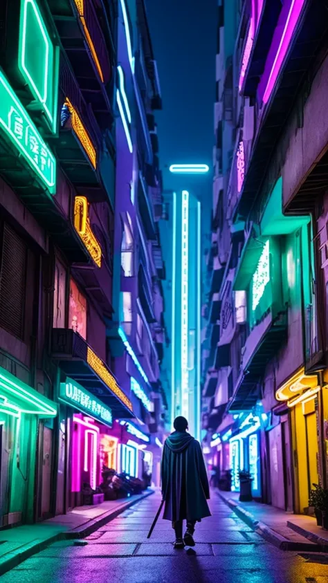 A Jedi walking through a neighborhood in South Korea, He has his green lightsaber in his right hand and the buildings have neon signs , (colors, celeste, purple, turquoise)