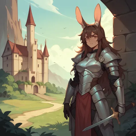 a female bunny kemonomimi in armor. she is outside the castle and has her sword sheathed. she has scar over her right eye, so she cant see out of it. she has brown hair that covers her human ears.