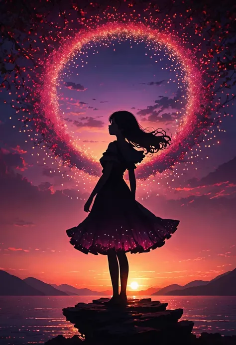 The image depicts a silhouette of a girl standing against a stunning sunset background. The sky transitions from a deep purple , near the horizon to a deep red as it ascends. The figure appears to be enveloped in a series of tiny glowing fairy lights, some...