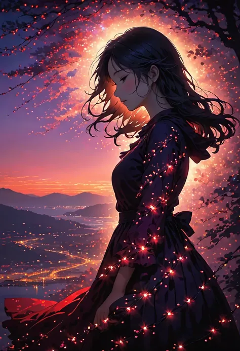 The image depicts a silhouette of a girl standing against a stunning sunset background. The sky transitions from a deep purple , near the horizon to a deep red as it ascends. The figure appears to be enveloped in a series of tiny glowing fairy lights, some...