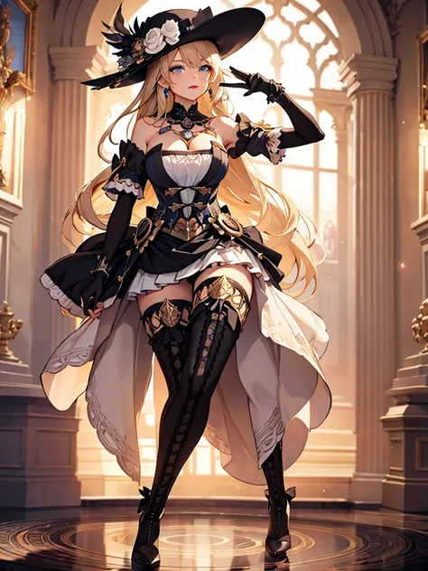 1 woman, fancy hat, thigh boots, detached sleeves, single glove, strapless dress, detached collar, showgirl skirt, necklace, waist cape beauty legs, Skinny Legs, surrealism, Ultra Quality, Masterpiece, Ethereal,Ultra-Detailed,8K, breathtaking beauty, vivid...