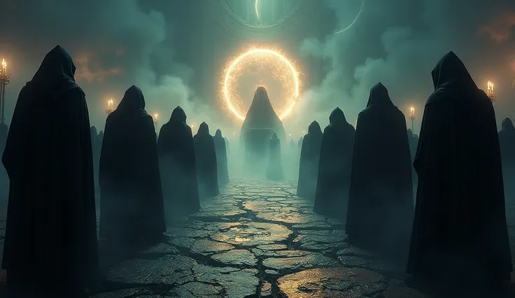 Cinematic scene of a dark magic ritual: hooded figures chanting around a glowing, dark portal. The ground cracked and emitting dark energy. Realistic, mystical, and ominous, highlighting the rise of dark powers. Include intricate symbols and runes glowing ...