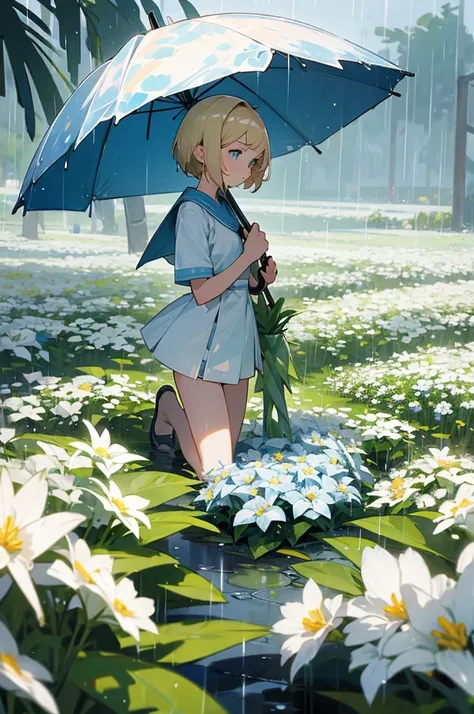 blond girl with a blue umbrella kneeling at the ground, many plants and white flowers, nautre environment, short pants and a white short dress, its raining