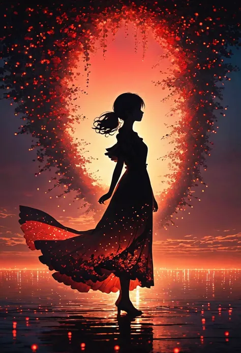 The image depicts a silhouette of a girl standing against a stunning sunset background. The sky transitions from a deep Black , near the horizon to a deep red as it ascends. The figure appears to be enveloped in a series of tiny glowing fairy lights, some ...