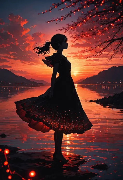 The image depicts a silhouette of a girl standing against a stunning sunset background. The sky transitions from a deep Black , near the horizon to a deep red as it ascends. The figure appears to be enveloped in a series of tiny glowing fairy lights, some ...