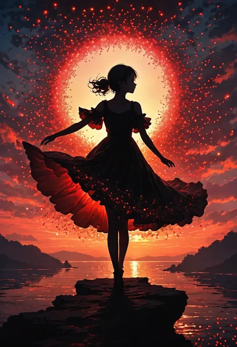 The image depicts a silhouette of a girl standing against a stunning sunset background. The sky transitions from a deep Black , near the horizon to a deep red as it ascends. The figure appears to be enveloped in a series of tiny glowing fairy lights, some ...