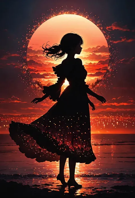 The image depicts a silhouette of a girl standing against a stunning sunset background. The sky transitions from a deep Black , near the horizon to a deep red as it ascends. The figure appears to be enveloped in a series of tiny glowing fairy lights, some ...