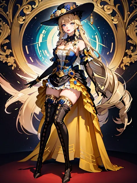 1 woman, fancy hat, thigh boots, detached sleeves, single glove, strapless dress, detached collar, showgirl skirt, necklace, waist cape beauty legs, Skinny Legs, surrealism, Ultra Quality, Masterpiece, Ethereal,Ultra-Detailed,8K, breathtaking beauty, vivid...