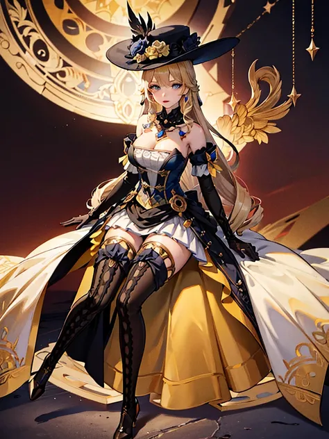 1 woman, fancy hat, thigh boots, detached sleeves, single glove, strapless dress, detached collar, showgirl skirt, necklace, waist cape beauty legs, Skinny Legs, surrealism, Ultra Quality, Masterpiece, Ethereal,Ultra-Detailed,8K, breathtaking beauty, vivid...