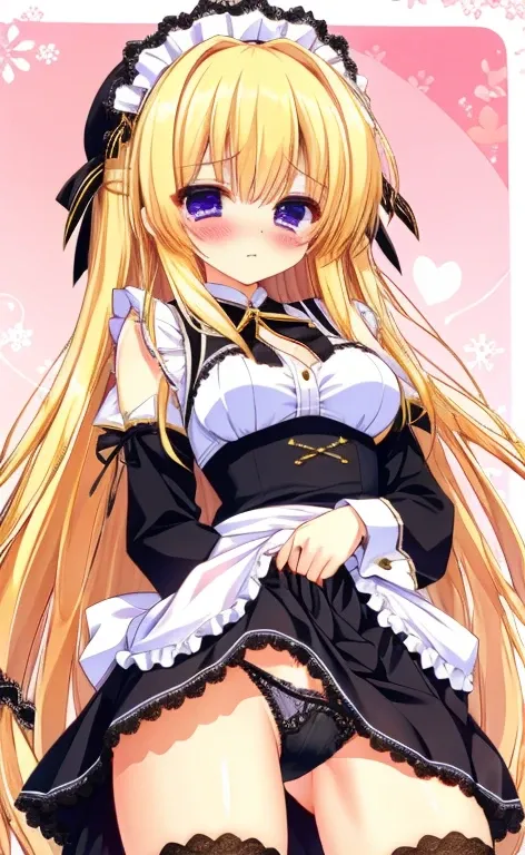 Beautiful long blonde　Girl in black maid outfit　Long sleeve　Long skirt　Small breasts　Lace panties　　hand in panties　Shyness　With tears in my eyes　Masturbation