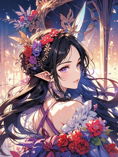 masterpiece, Highest quality, 1 , Very detailed, Ultra-high resolution, Distinctive facial features, Anatomically correct, pretty girl, Long pointy ears, Fairy, Nice face,Black Hair, Purple eyes,one piece, profile