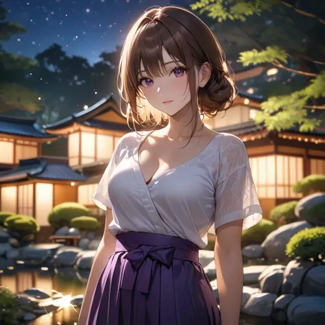 High resolution, masterpiece, 最high quality, Very detailed, high quality, Textured skin, Brown Hair, Natural look, Japanese garden,night,Cinema Lighting, Purple Hakama,chest, born,Professional photography,Cinema Lighting, 丸いchest,Sparkle Effect, Background...