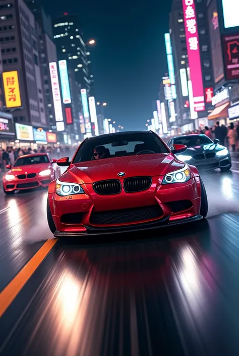 Make me a picture of a BMW M5 E60, Red color, in a city competing with other cars at night