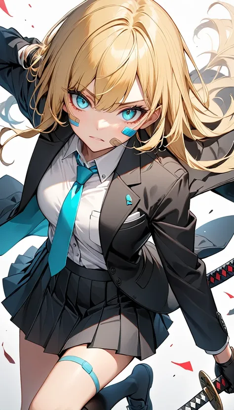 one girl, blonde hair, cyan eyes,wears black jacket suit , with white shirt under the jacket, a black gloves, a long black socks, long red pleated skirt, and band aid on her cheek , a katana, sharp features, are tie