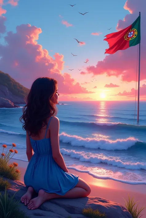 Create an image Where we find the sea in Portugal with the flag of Portugal and the name Clara with a blue and pink sunset and a teenager sitting on the coast with wavy, slightly curly brown hair and slightly tanned skin from behind with a blue dress 