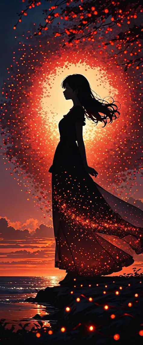 The image depicts a silhouette of a girl standing against a stunning sunset background. The sky transitions from a deep Black , near the horizon to a deep red as it ascends. The figure appears to be enveloped in a series of tiny glowing fairy lights, some ...