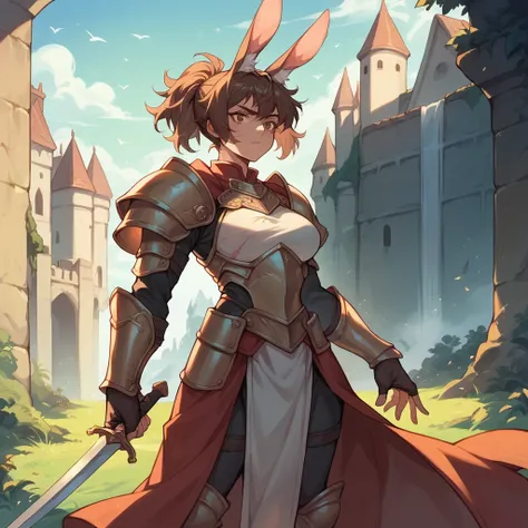 a female bunny kemonomimi in training armor. she is outside the castle and has her one sword sheathed. she has a huge scar on her face. she has brown hair that covers her human ears.