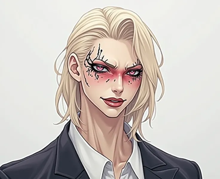 Anime female android, pale skin, blonde hair, dark sclera red eyes, smug face, sexy and vile, dark robes