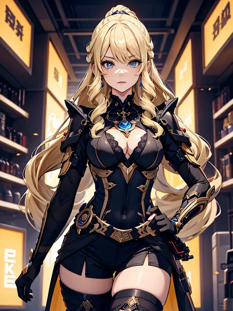 Navia from Genshin impact, 1woman, wearing a futuristic cyberpunk outfit, at future city, blonde colour hair style, 8k, high detailed, high quality