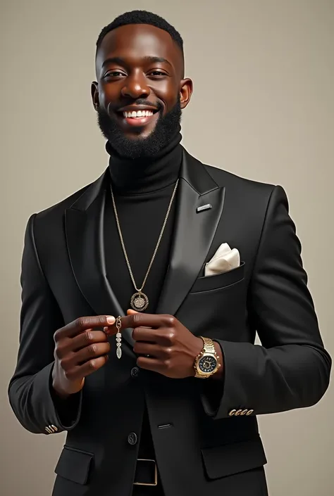 black man, holding jewelry , happy and well dressed