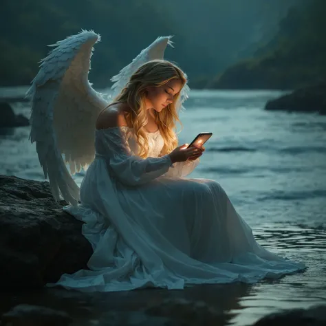 there is a woman sitting on a rock with a cell phone, of an beautiful angel girl, beautiful angel, goddess checking her phone, of beautiful angel, angel sitting on a rock, portrait of a beautiful angel, beautiful female angel, an angel of the dawn light, a...