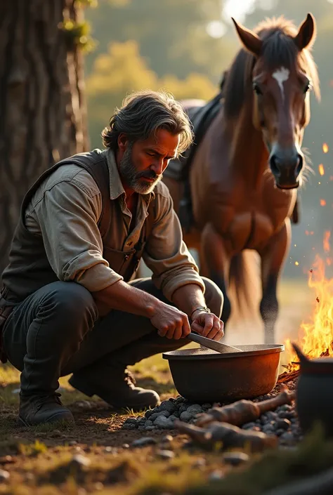 A man cooking next to a horse 