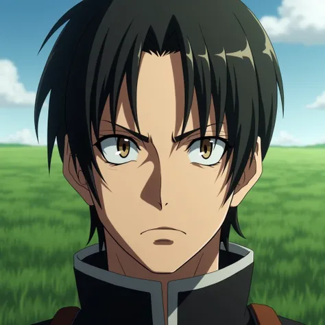 There is a shadow、Photorealistic、3d、Ultra HD、Oblique front view、Captain Levi from Attack on Titan、Very long eyes、The background is a grassland、The eyes are quite narrow and stare diagonally.、Sideburns、The eyes are squinted and some of the pupils are visibl...