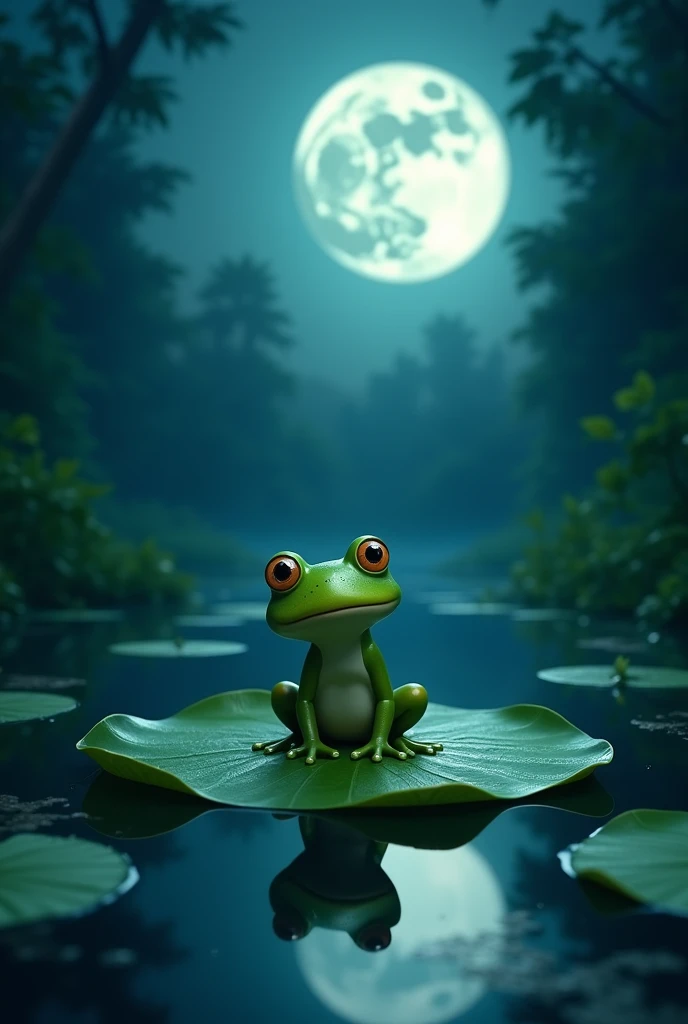 small, Bright green frog、big, Expressive eyes、静かな真ん中にあるbig睡蓮の葉の上に座っている, Blue Pond. The background is dense, A swamp at night, with the moon shining in the sky. Little frog is sitting on a water lily leaf, looking at the moon with a thoughtful expression.