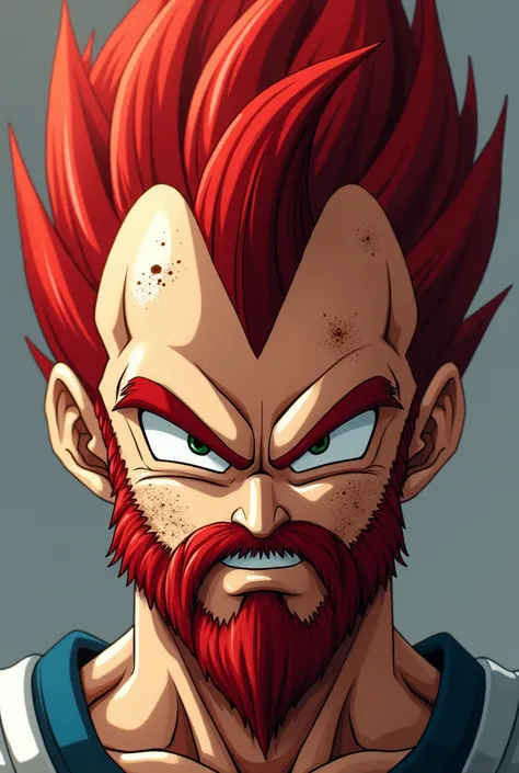 A Vegeta with many freckles, red beard that is two days long and has a lock
