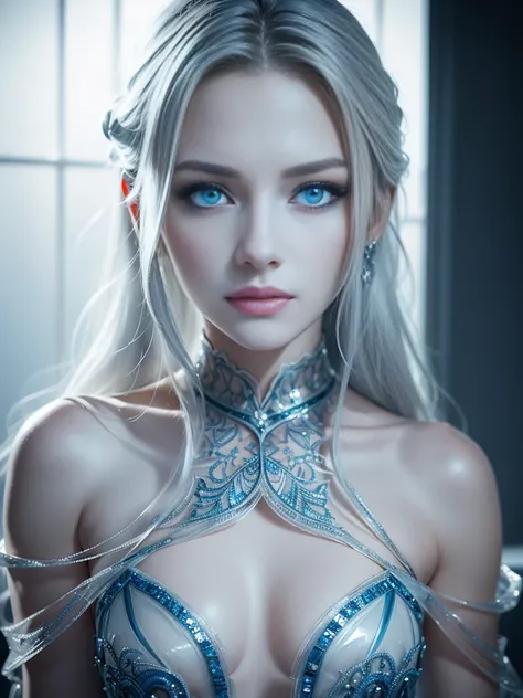 8k, (full body shot:1.4), 20-year-old swedish girl, raw, Beautiful woman, (straight gray hair), (ice carving, Masterpiece ice sculpture, intricate sheer transparent translucent clothes, barely clothed, intricate, beautifull face, elegant dress, highly deta...