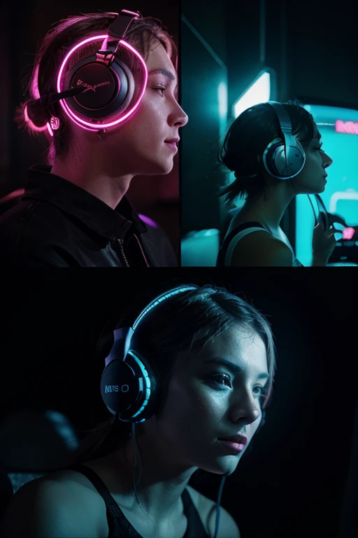 A collage of music headphones with ambient neon lighting 