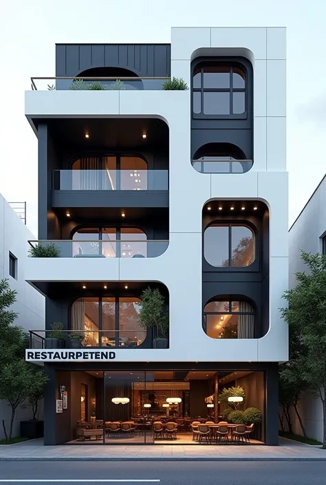 Restuarant facade architecture , exterior view , artistic , masterpiece architecture , archdaily , 4th floors , high quality rendering , postmodern look , postmodernism , white and black material