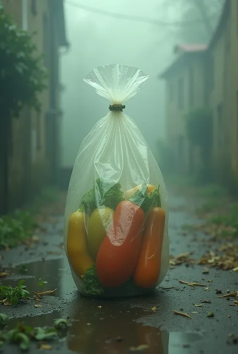 Create a plastic vegetable bag in front that looks unnecessary 