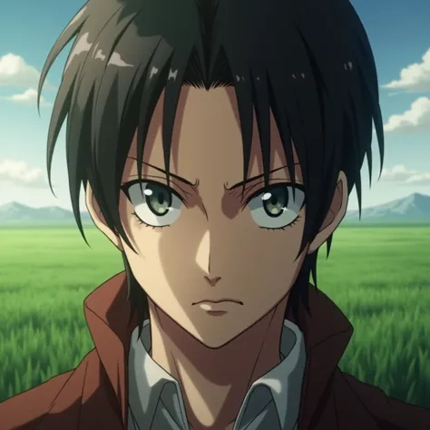 There is a shadow、Photorealistic、Ultra HD、Oblique front view、Captain Levi from Attack on Titan、Very long eyes、The background is a grassland、The eyes are quite narrow and stare diagonally.、Sideburns、The eyes are squinted and some of the pupils are visible.